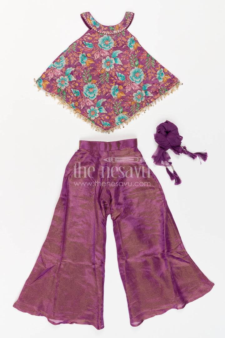 Girls Sharara Set in Purple with Thread Embroidery