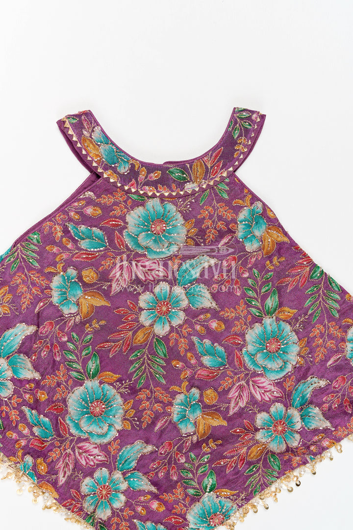 Girls Sharara Set in Purple with Thread Embroidery