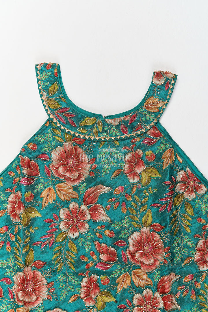 Girls Emerald Green Viscose Blend Silk Handkerchief Halter Palazzo Set