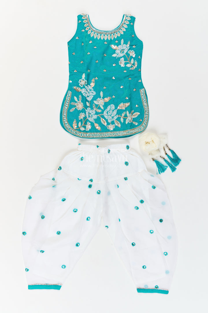 Girls Viscose Georgette Salwar Suit in Teal with Leaf Branch