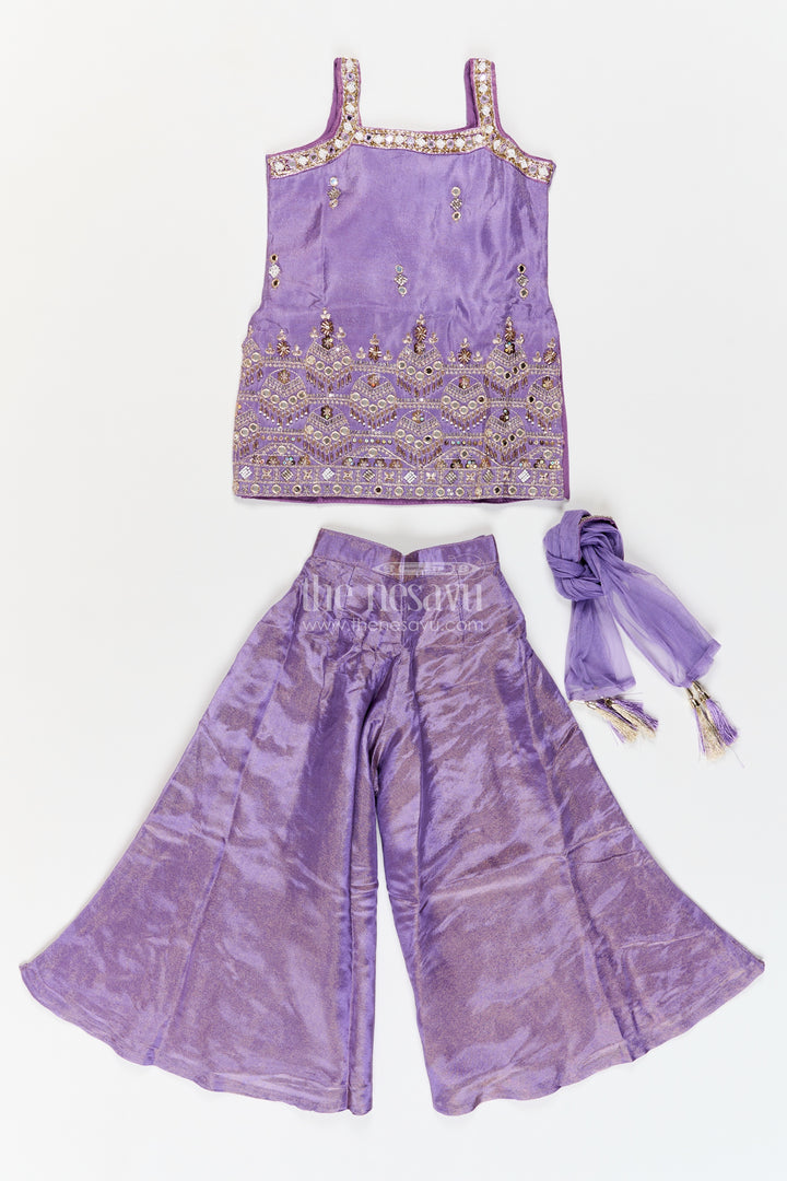 Girls Viscose Blend Silk Palazzo Set in Muted Purple with Geometric Mirror