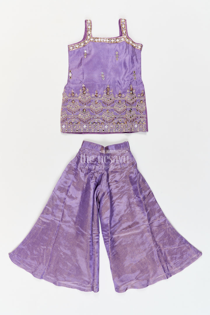 Girls Viscose Blend Silk Palazzo Set in Muted Purple with Geometric Mirror