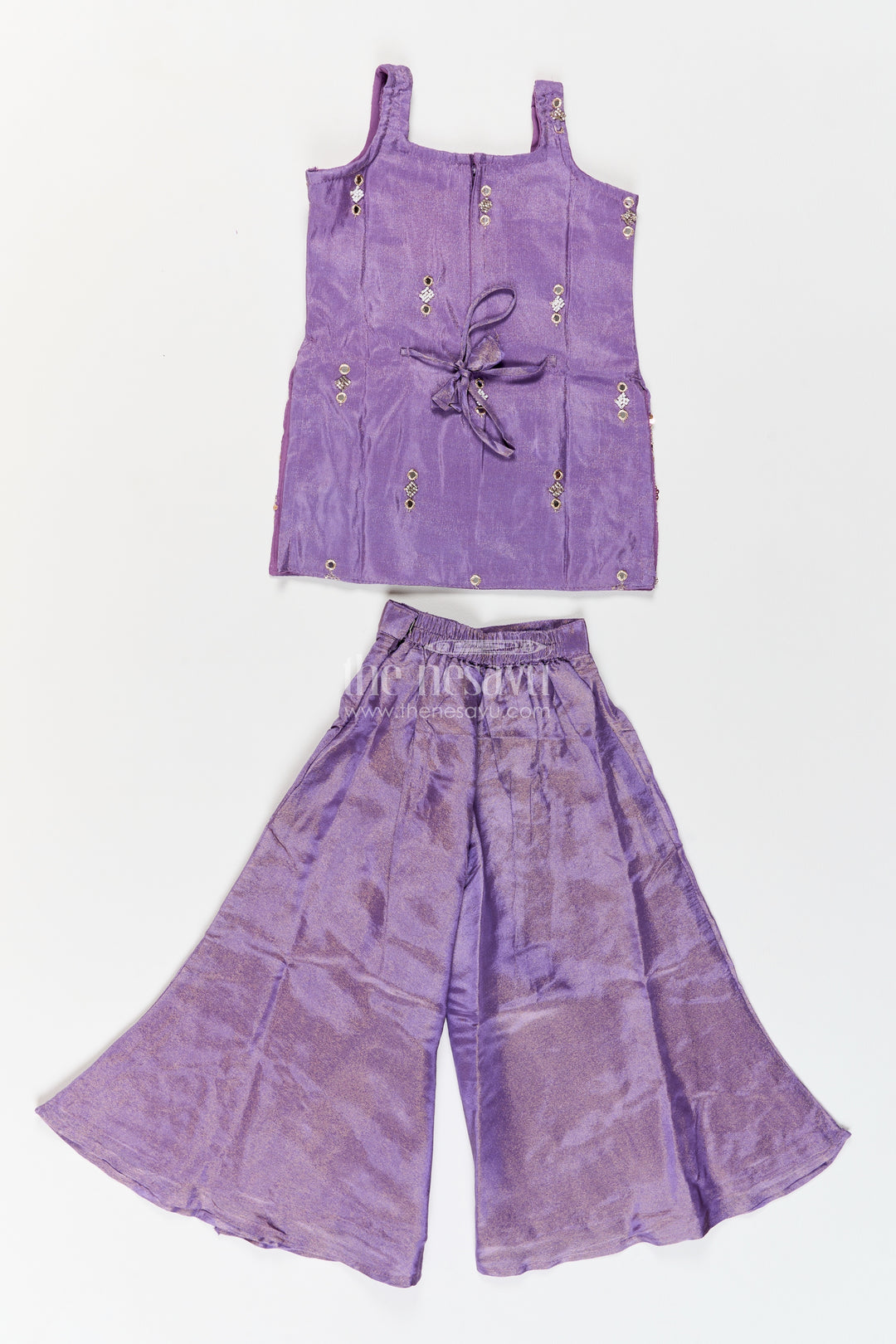 Girls Viscose Blend Silk Palazzo Set in Muted Purple with Geometric Mirror