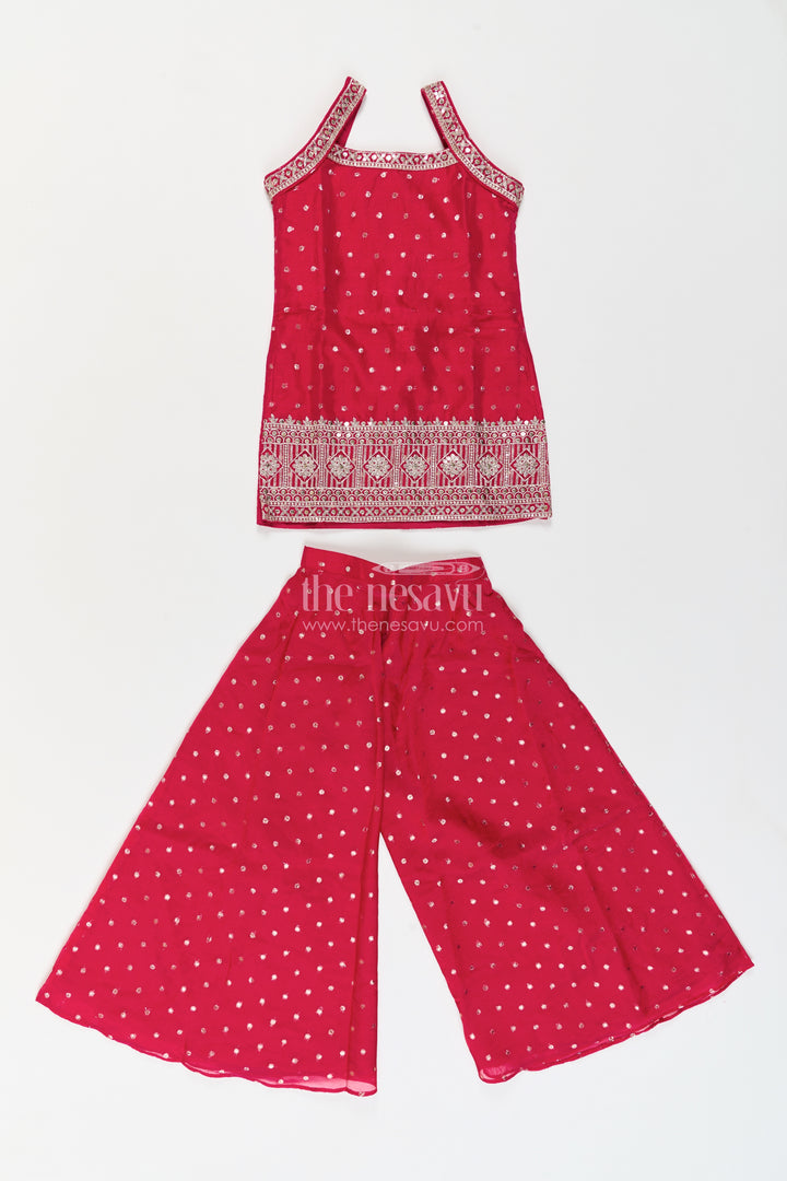 Girls Deep Raspberry Dotted Geometric Border Georgette Palazzo Set