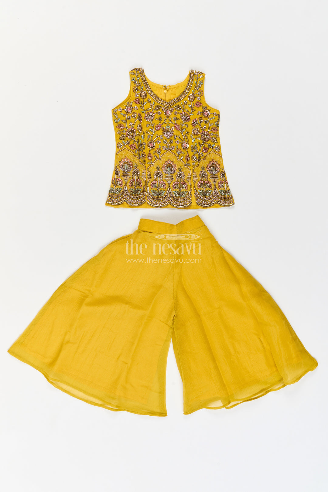 Girls Georgette Palazzo Set in Mustard Yellow with Scalloped Floral