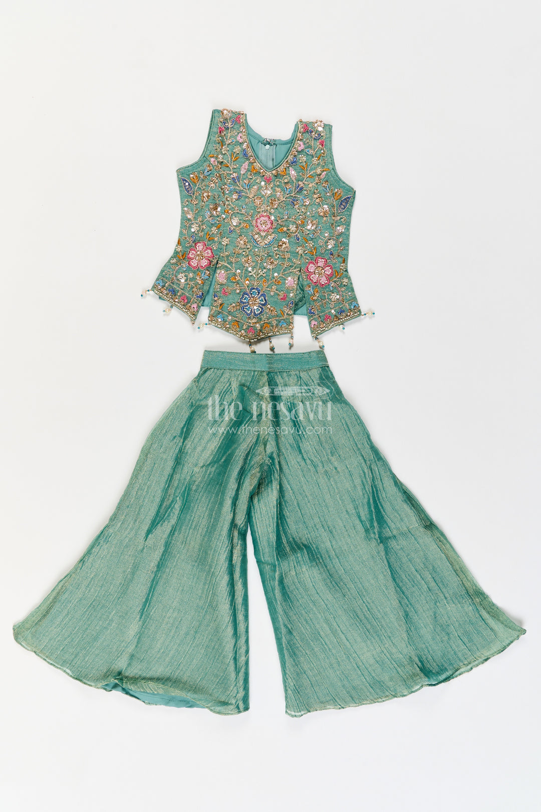 Girls Sage Green Embroidered Pointed Top Palazzo Set
