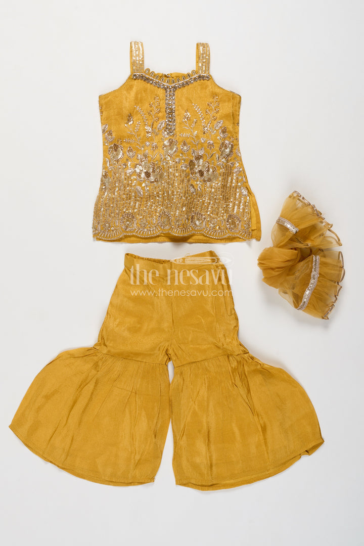 Girls Mustard Viscose Silk Sharara Set with Scalloped Embroidered Top