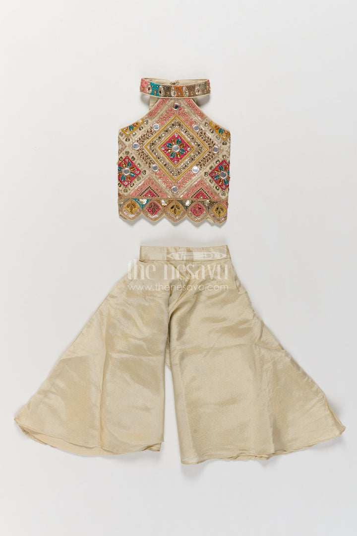 Girls Ivory Viscose Silk Palazzo Set with Geometric Halter Top