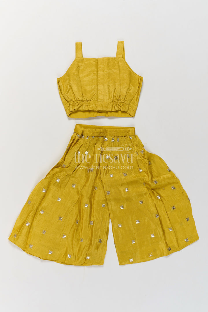 Girls Mustard Viscose Silk Sharara Jacket Set with Floral Embroidery