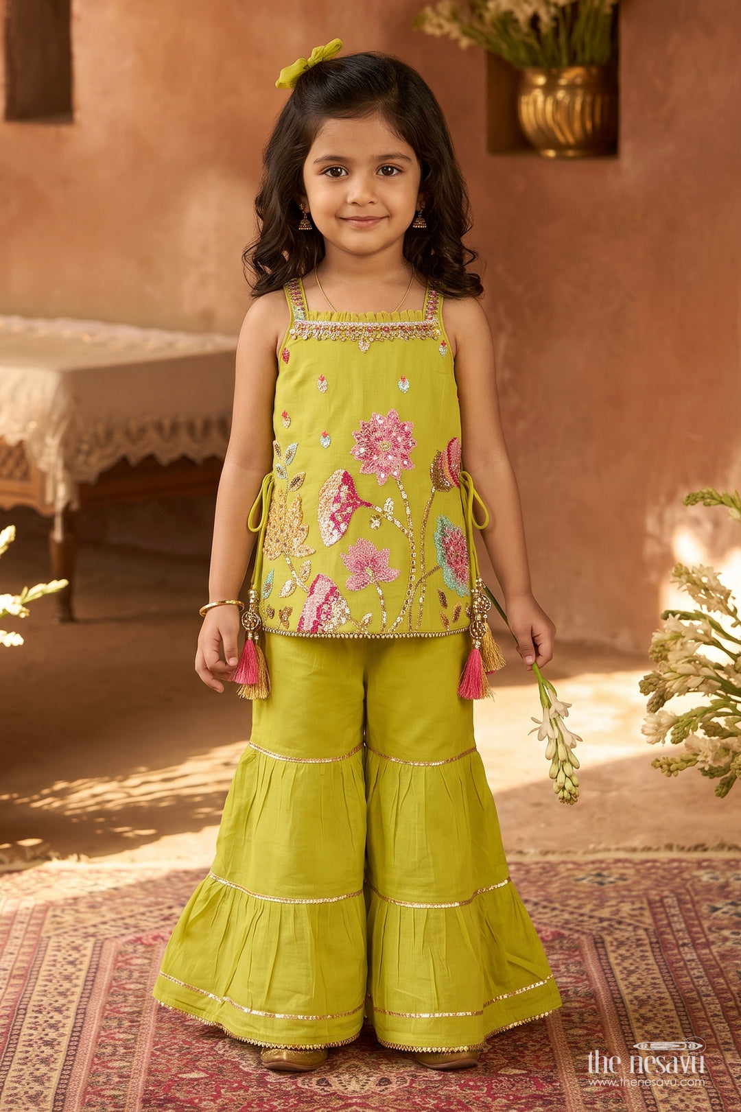 Girls Palazzo Set in Green for Festive Gatherings