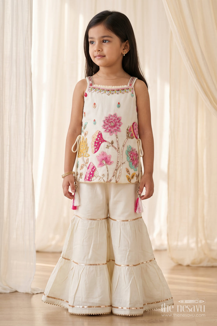 Girls Sharara Set in White with Thread Embroidery
