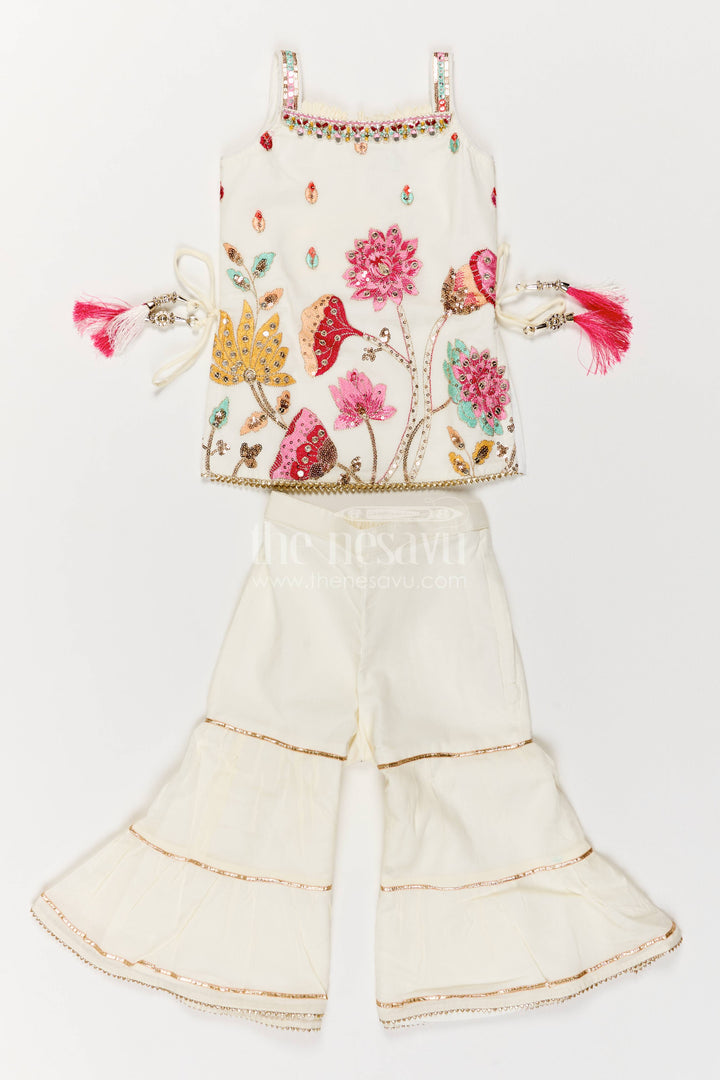 Girls Sharara Set in White with Thread Embroidery