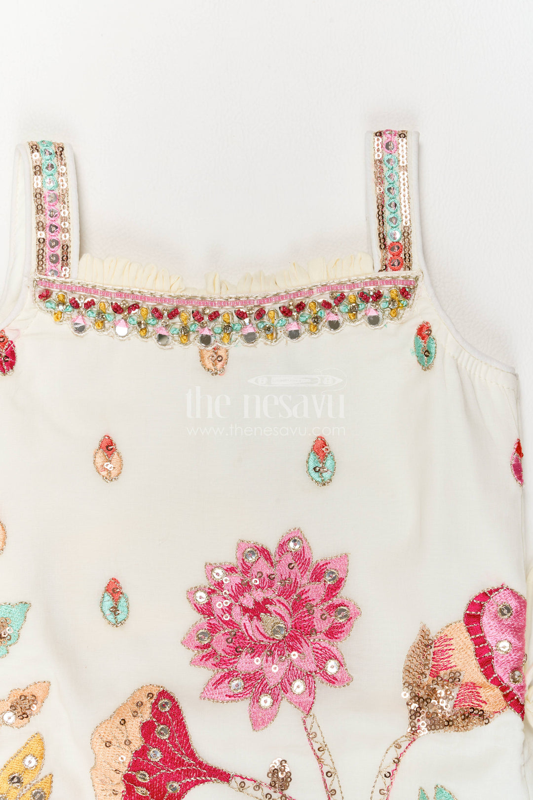 Girls Sharara Set in White with Thread Embroidery