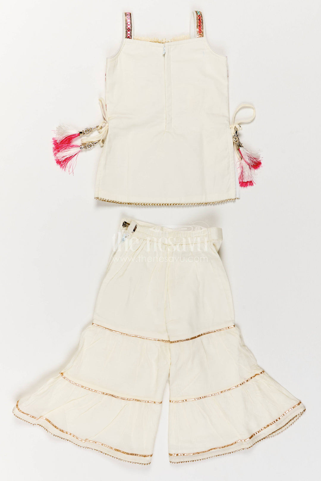 Girls Sharara Set in White with Thread Embroidery