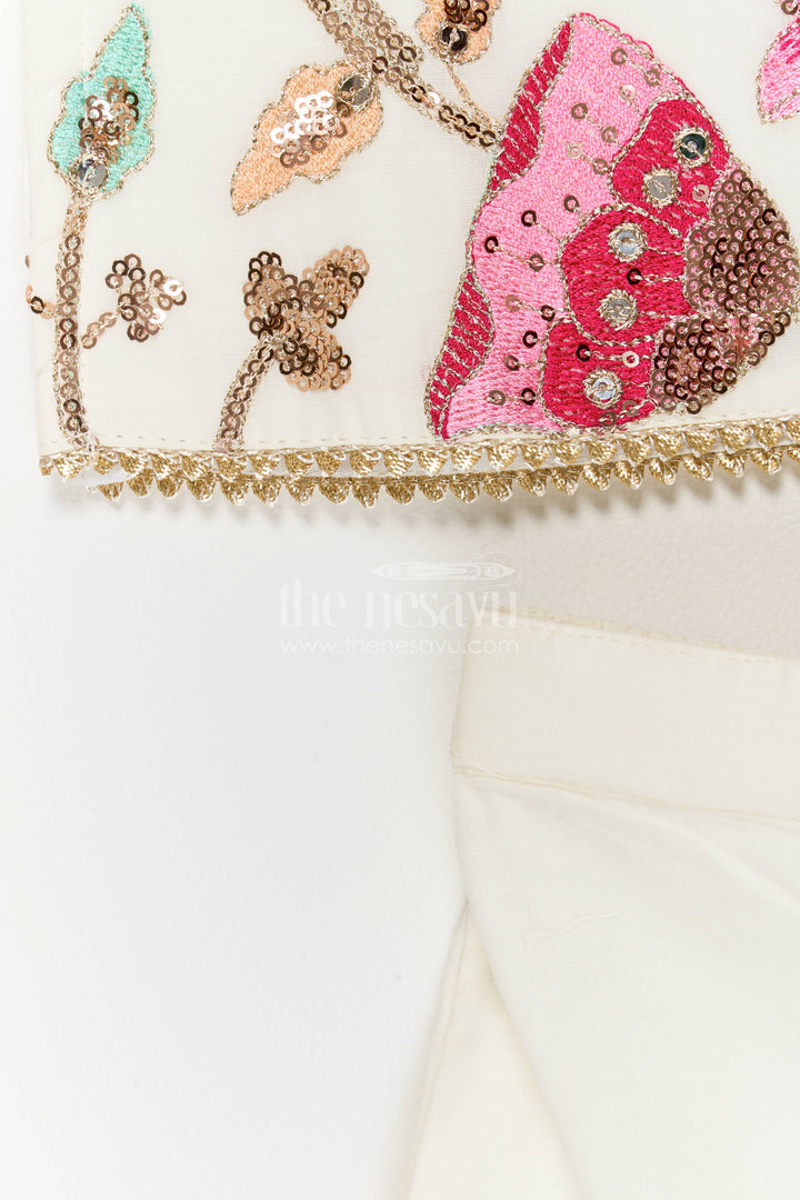 Girls Sharara Set in White with Thread Embroidery