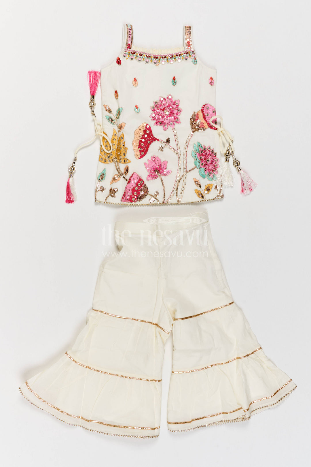 Girls Sharara Set in White with Thread Embroidery