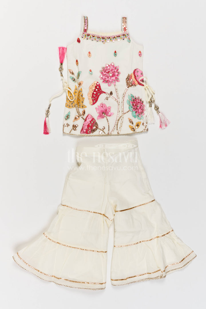 Girls Sharara Set in White with Thread Embroidery