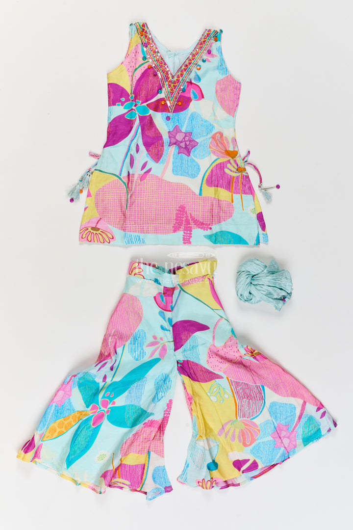 Girls Viscose Georgette Palazzo Set in Aqua Pink with Abstract Flower Print