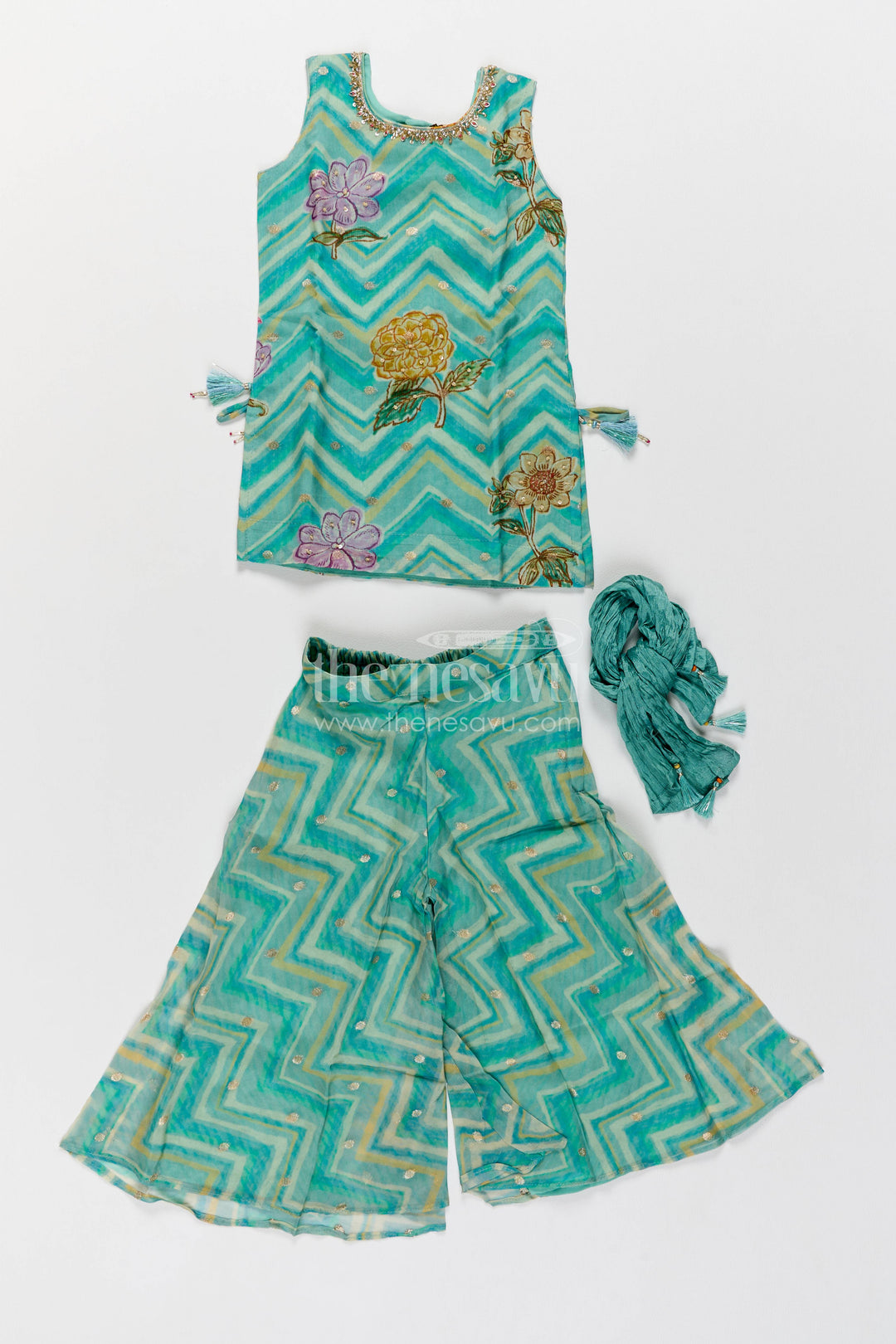 Girls Sharara Set in Turquoise with Digital Print