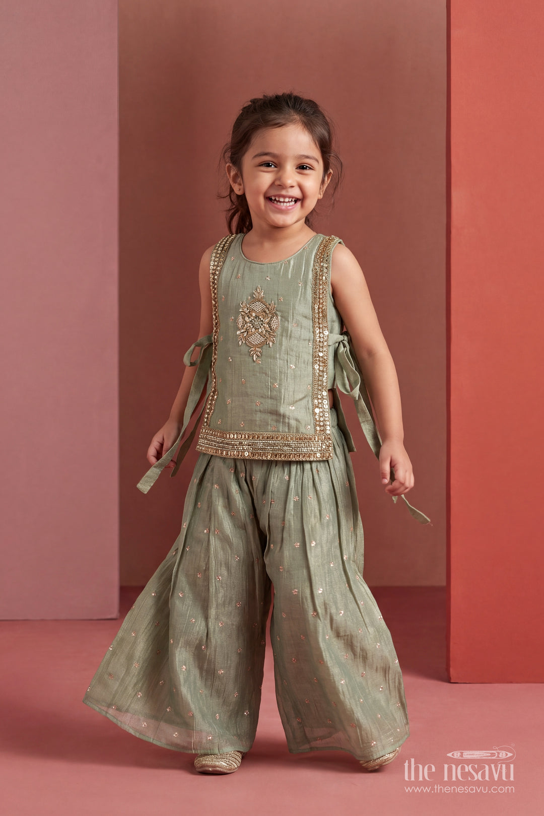 Girls Sharara Set in Green with Sequin Work
