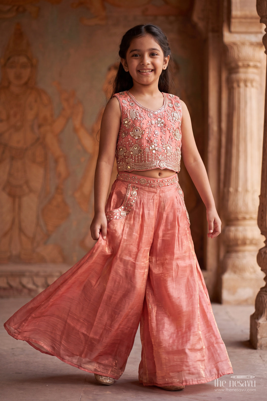 Girls Palazzo Set in Peach for Festive Gatherings