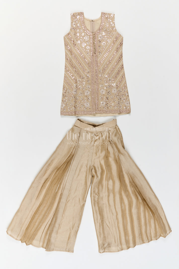 Girls Taupe Beige Diagonal Embroidered Pleat Palazzo Set