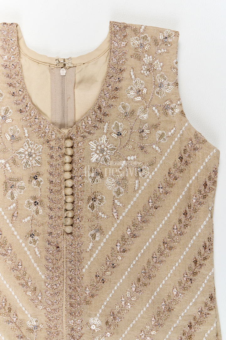 Girls Taupe Beige Diagonal Embroidered Pleat Palazzo Set