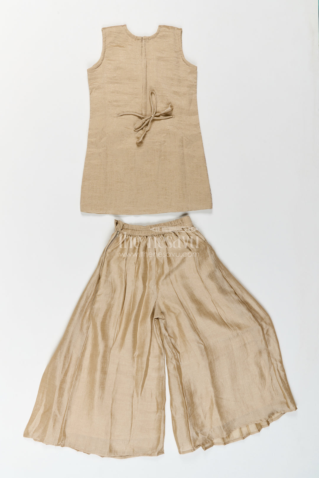 Girls Taupe Beige Diagonal Embroidered Pleat Palazzo Set