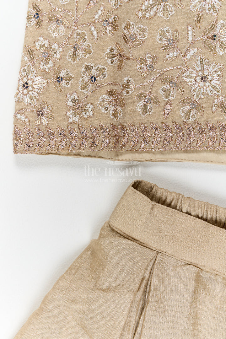 Girls Taupe Beige Diagonal Embroidered Pleat Palazzo Set