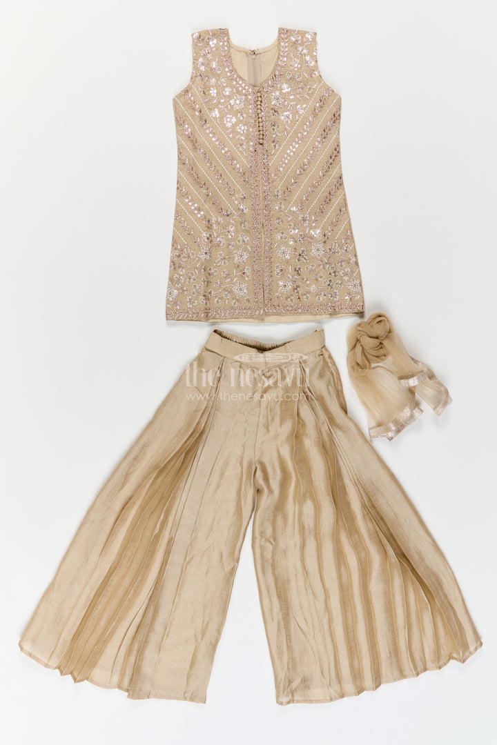 Girls Taupe Beige Diagonal Embroidered Pleat Palazzo Set