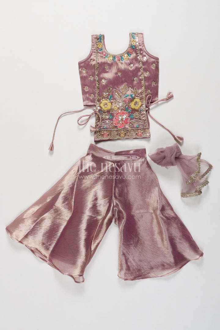 Girls Taupe Brown Chinnon Chiffon Floral Hem Palazzo Set