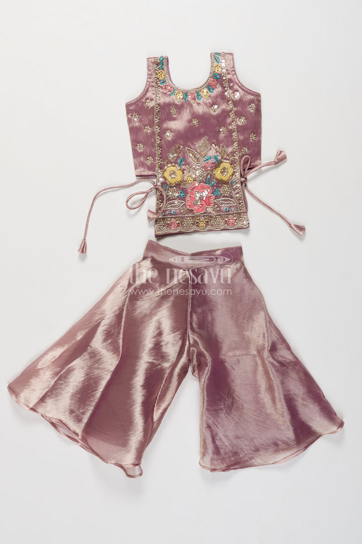 Girls Taupe Brown Chinnon Chiffon Floral Hem Palazzo Set