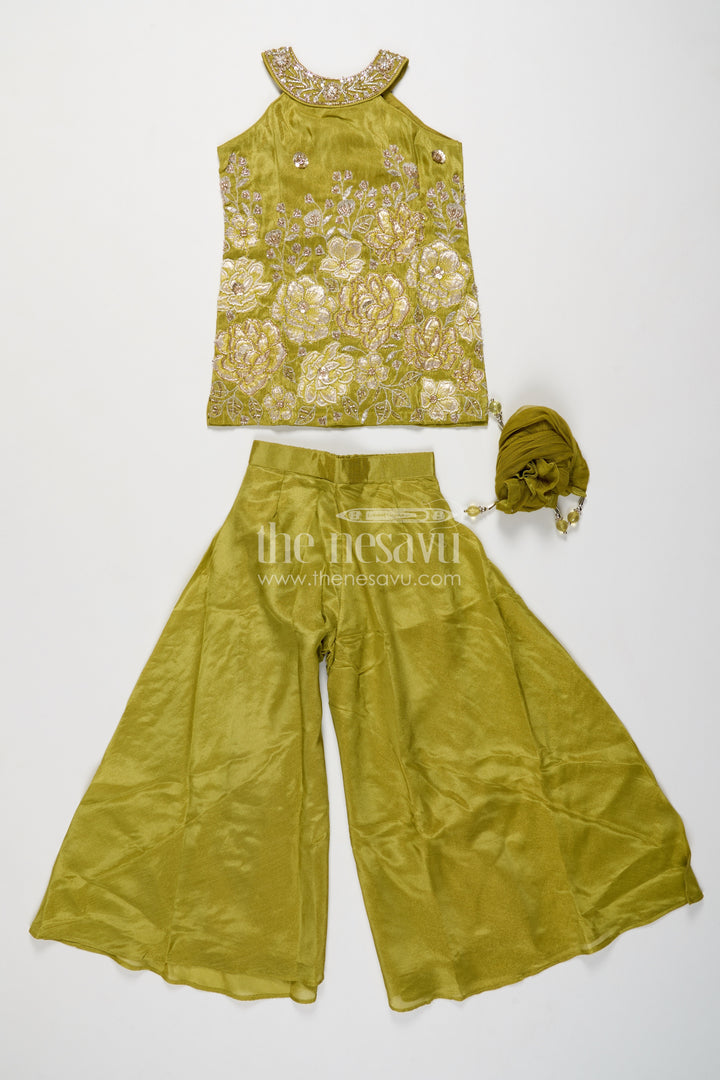Girls Viscose Chinnon Palazzo Set in Olive Green with Gold Floral Halter