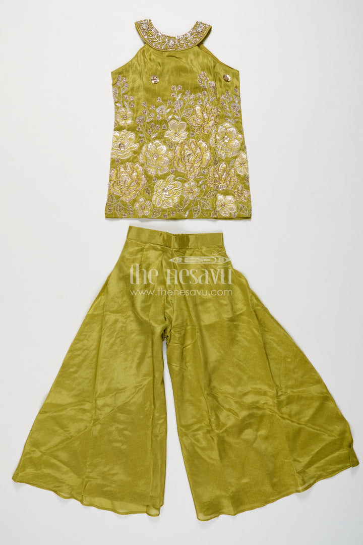 Girls Viscose Chinnon Palazzo Set in Olive Green with Gold Floral Halter