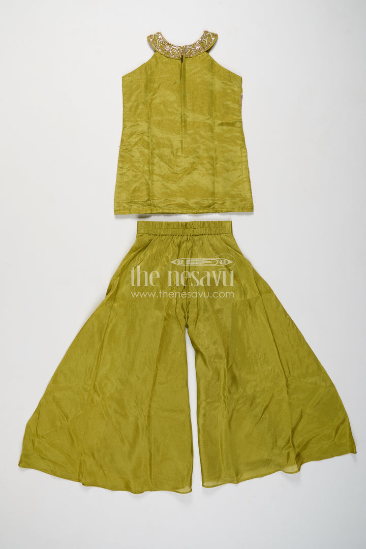 Girls Viscose Chinnon Palazzo Set in Olive Green with Gold Floral Halter