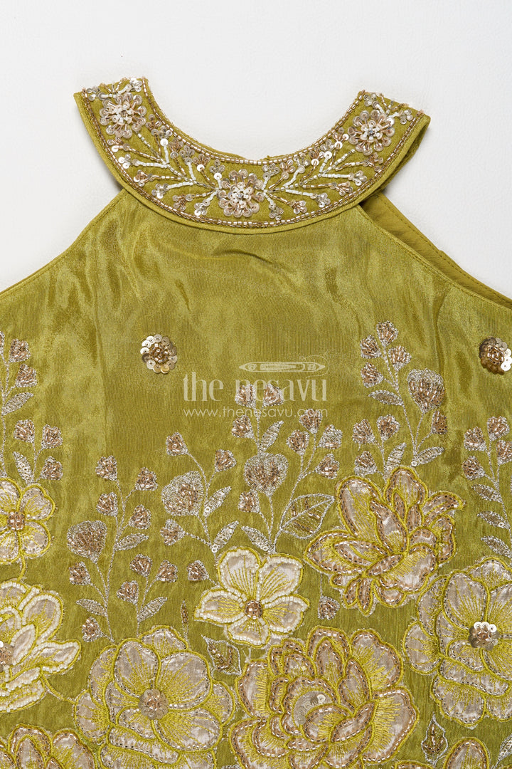 Girls Viscose Chinnon Palazzo Set in Olive Green with Gold Floral Halter