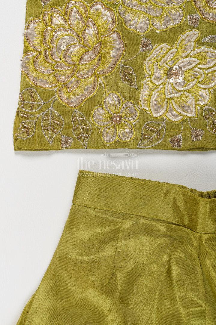 Girls Viscose Chinnon Palazzo Set in Olive Green with Gold Floral Halter