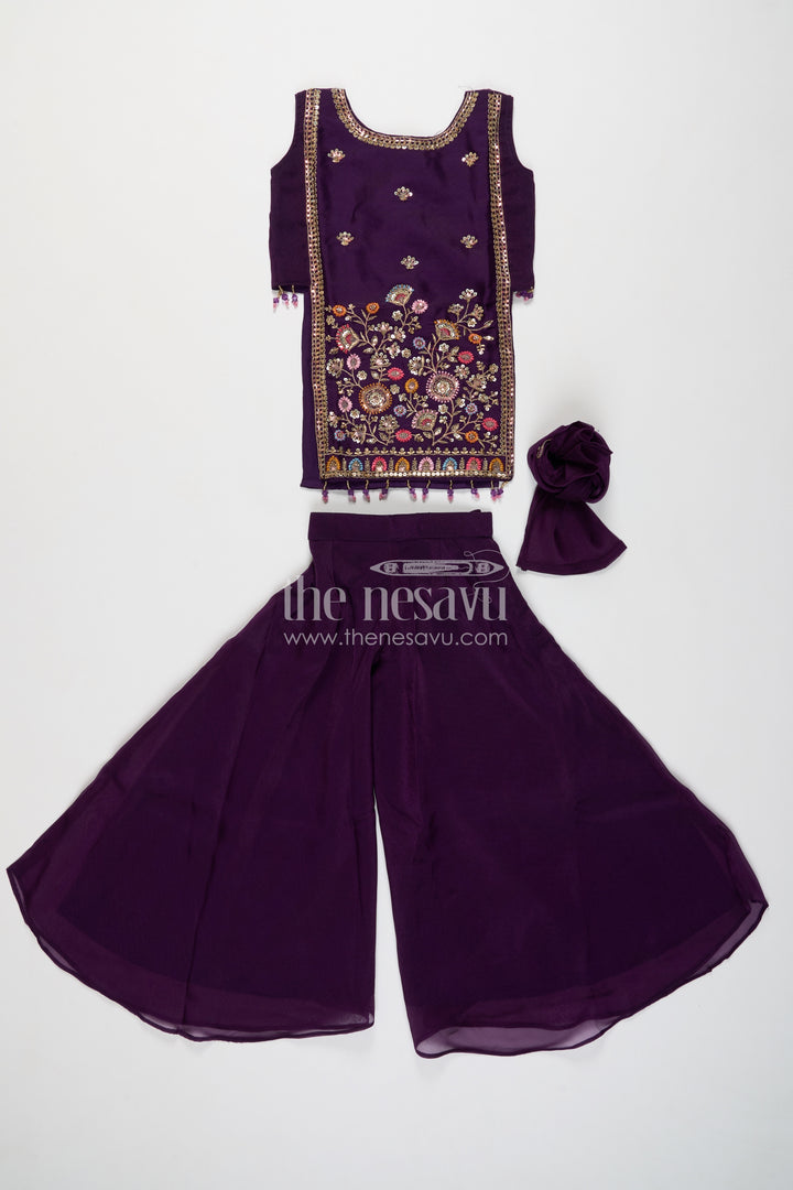 Girls Deep Purple Colourful Flower Border Viscose Chinnon Palazzo Set