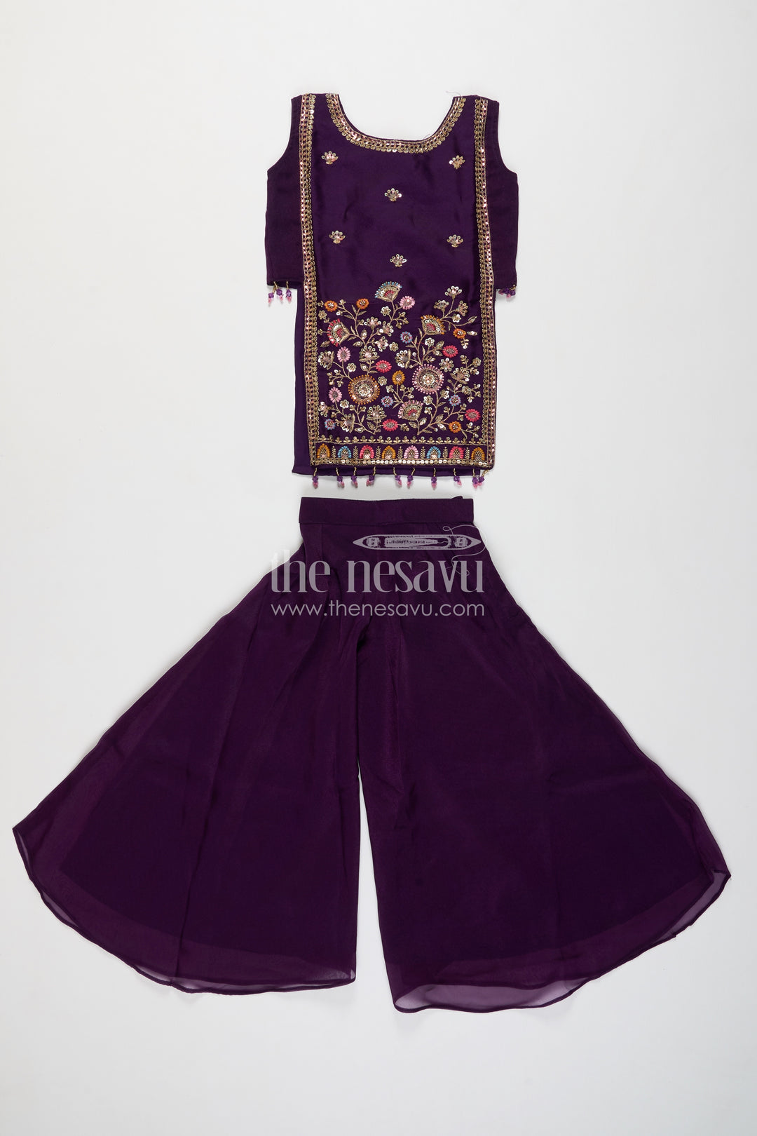 Girls Deep Purple Colourful Flower Border Viscose Chinnon Palazzo Set