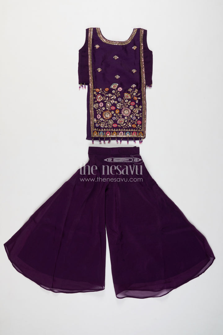 Girls Deep Purple Colourful Flower Border Viscose Chinnon Palazzo Set