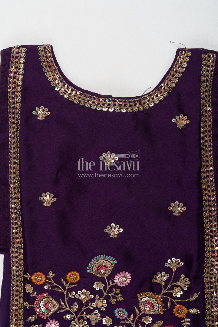 Girls Deep Purple Colourful Flower Border Viscose Chinnon Palazzo Set