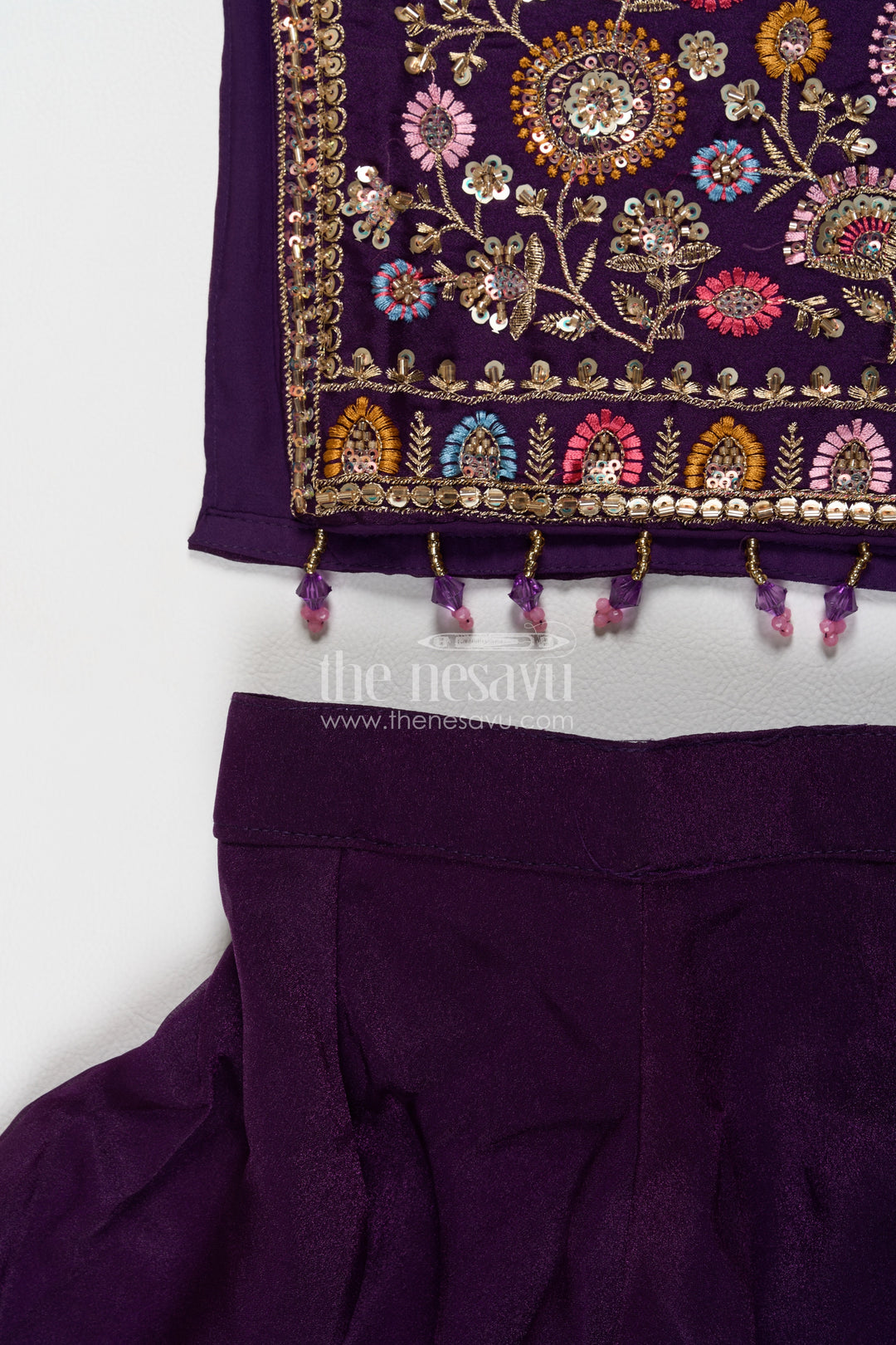 Girls Deep Purple Colourful Flower Border Viscose Chinnon Palazzo Set