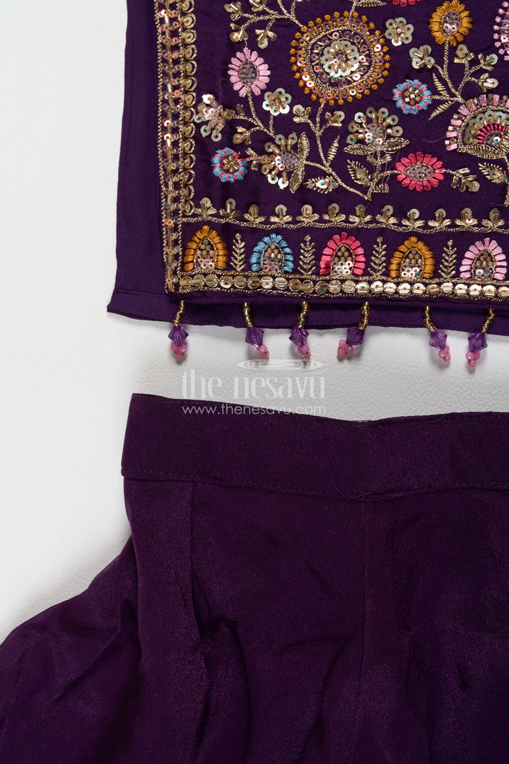 Girls Deep Purple Colourful Flower Border Viscose Chinnon Palazzo Set