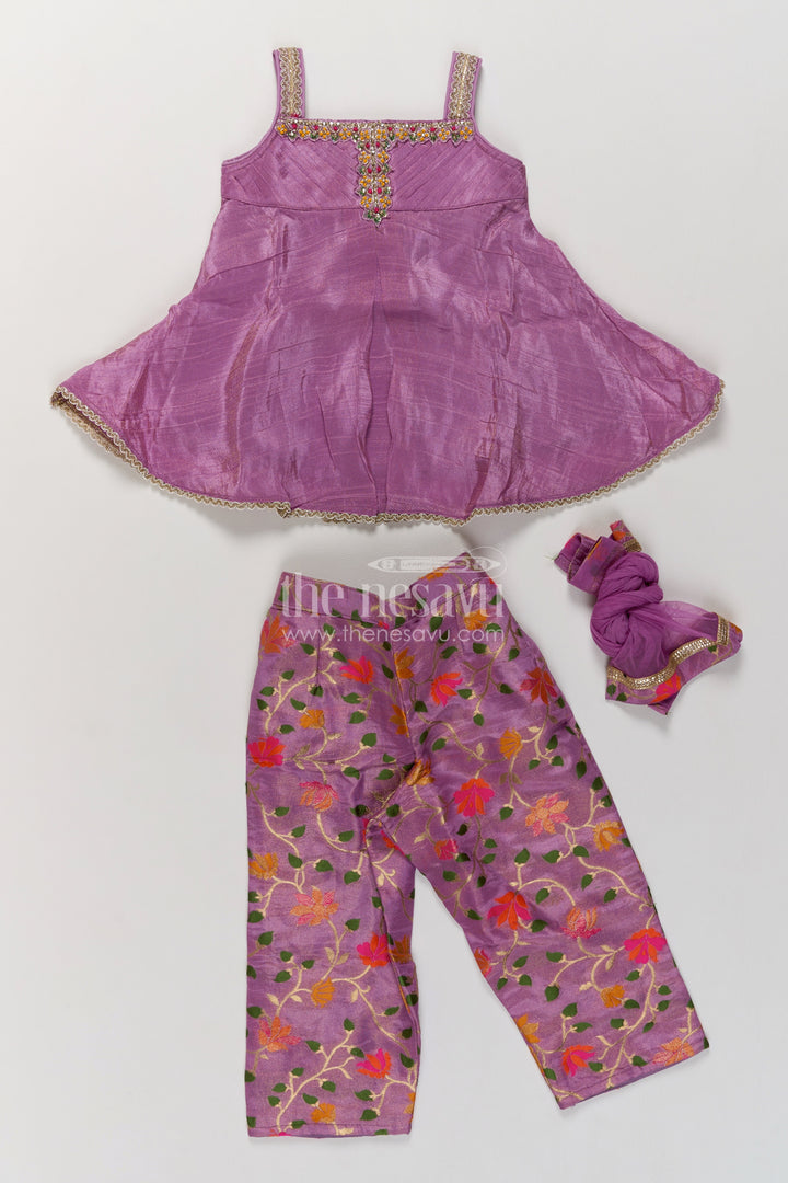 Girls Lilac Floral Trouser Peplum Viscose Silk Palazzo Set