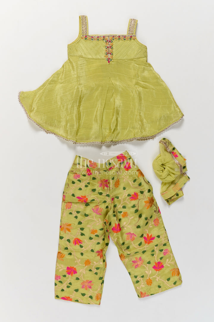 Girls Viscose Silk Palazzo Set in Lime Green with Flower Print Peplum