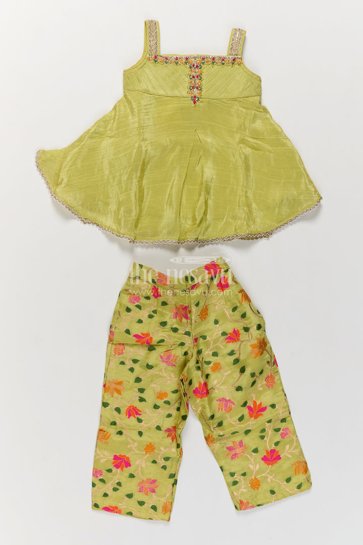 Girls Viscose Silk Palazzo Set in Lime Green with Flower Print Peplum