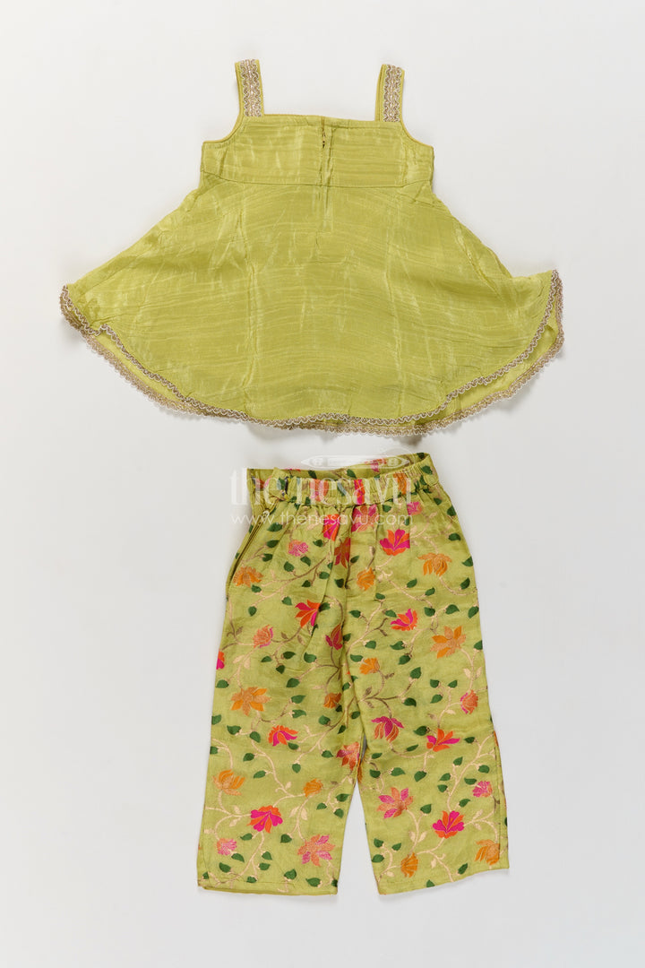 Girls Viscose Silk Palazzo Set in Lime Green with Flower Print Peplum