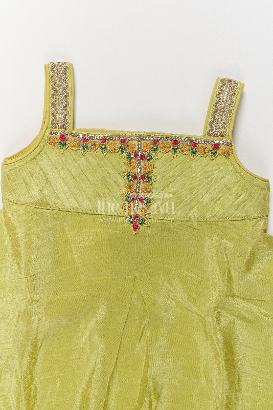 Girls Viscose Silk Palazzo Set in Lime Green with Flower Print Peplum