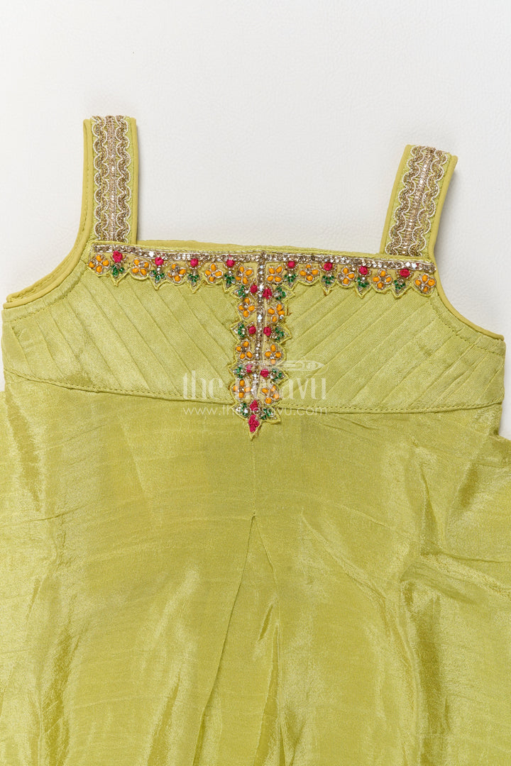 Girls Viscose Silk Palazzo Set in Lime Green with Flower Print Peplum