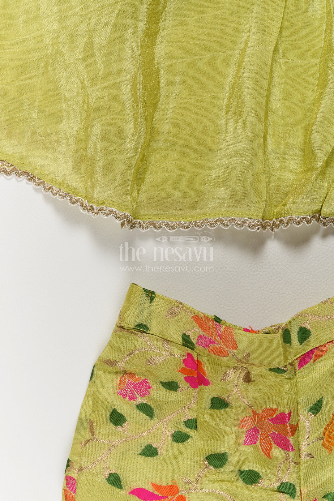 Girls Viscose Silk Palazzo Set in Lime Green with Flower Print Peplum